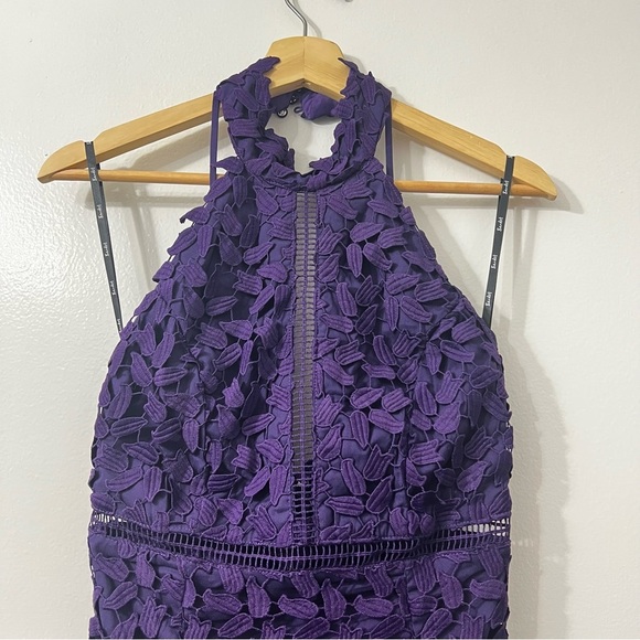 Revolve Bardot XS Gemma Purple Halter Neck Lace Cocktail Event Midi Sheath Dress - Picture 4 of 10